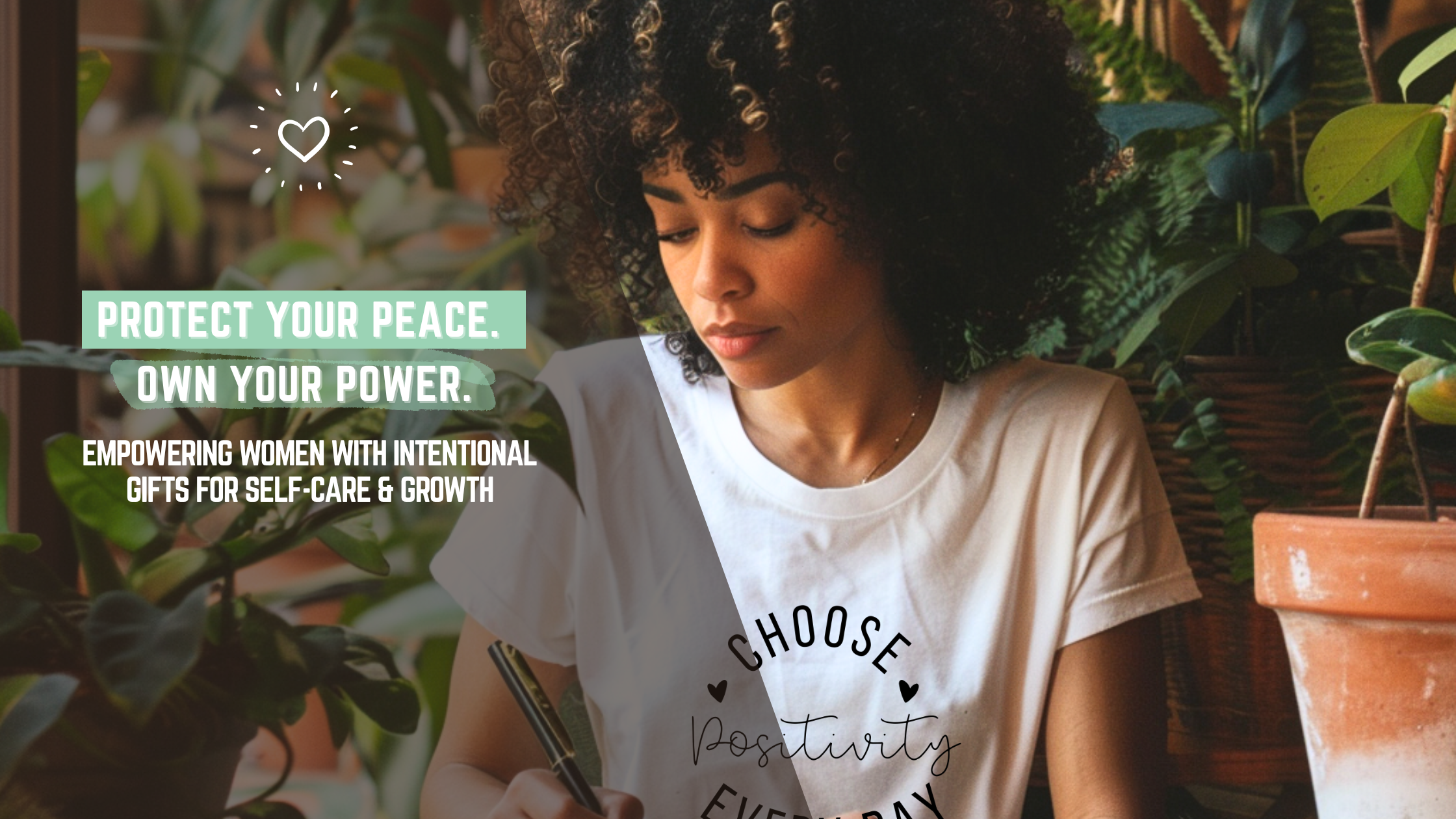 Woman sitting outdoors with plants, wearing a t-shirt with motivational text.